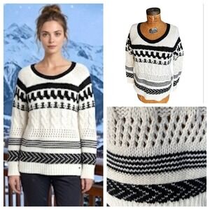 Fair Isle Cable Knit Nordic Pointelle Sweater White Black Wool Blend Cabincore S